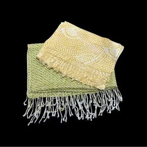 2-LIGHTWEIGHT WOMENS SCARVES. TWO SEPARATE PRINTS IN YELLOW & GREEN.